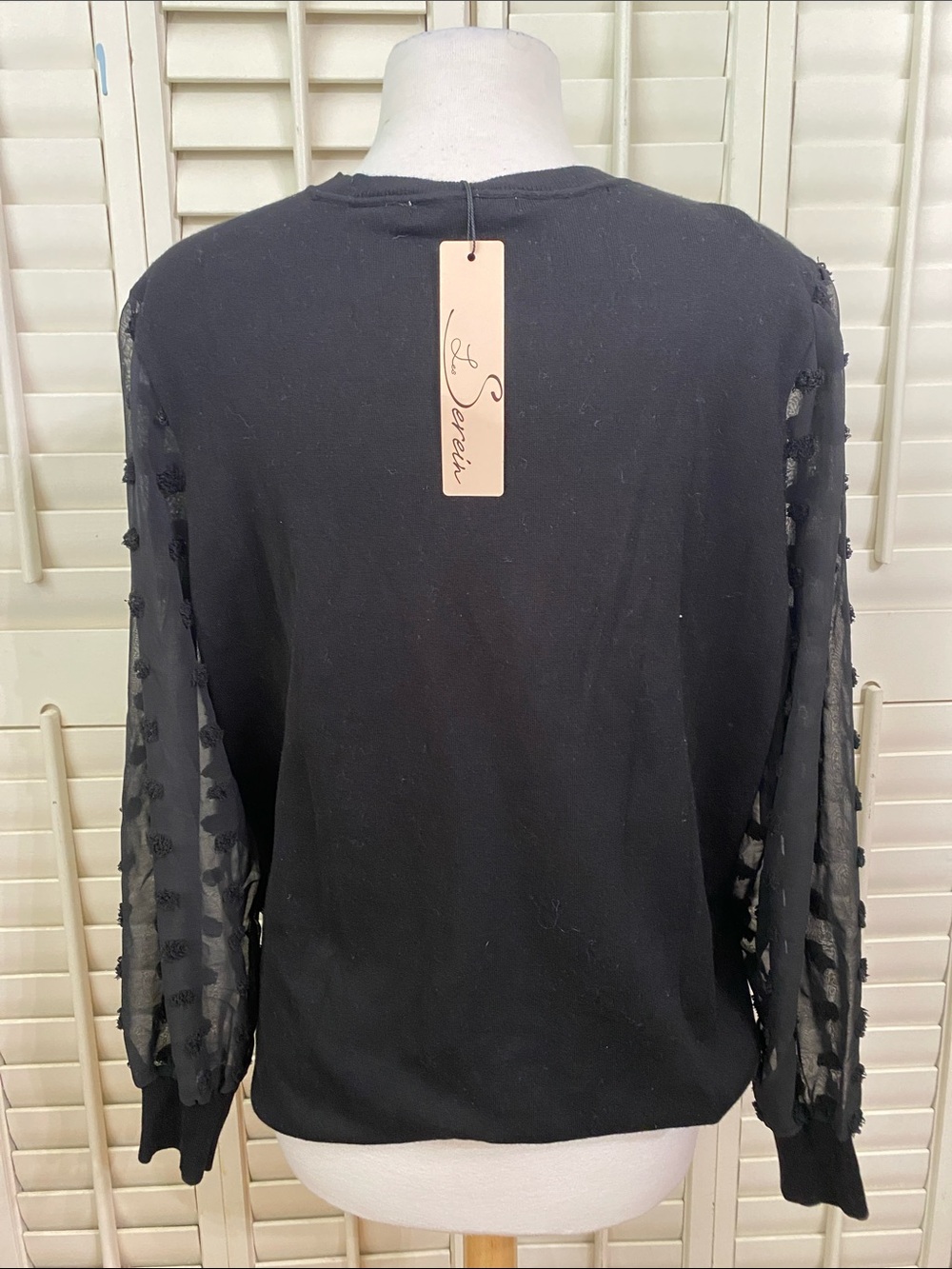 Black V-Neck Sweater Top with Sheer Dot-Trim Sleeves - Picture 3 of 6